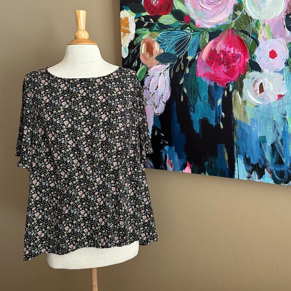 LOFT Floral Babydoll Top Black Pink Floral 16 Plus